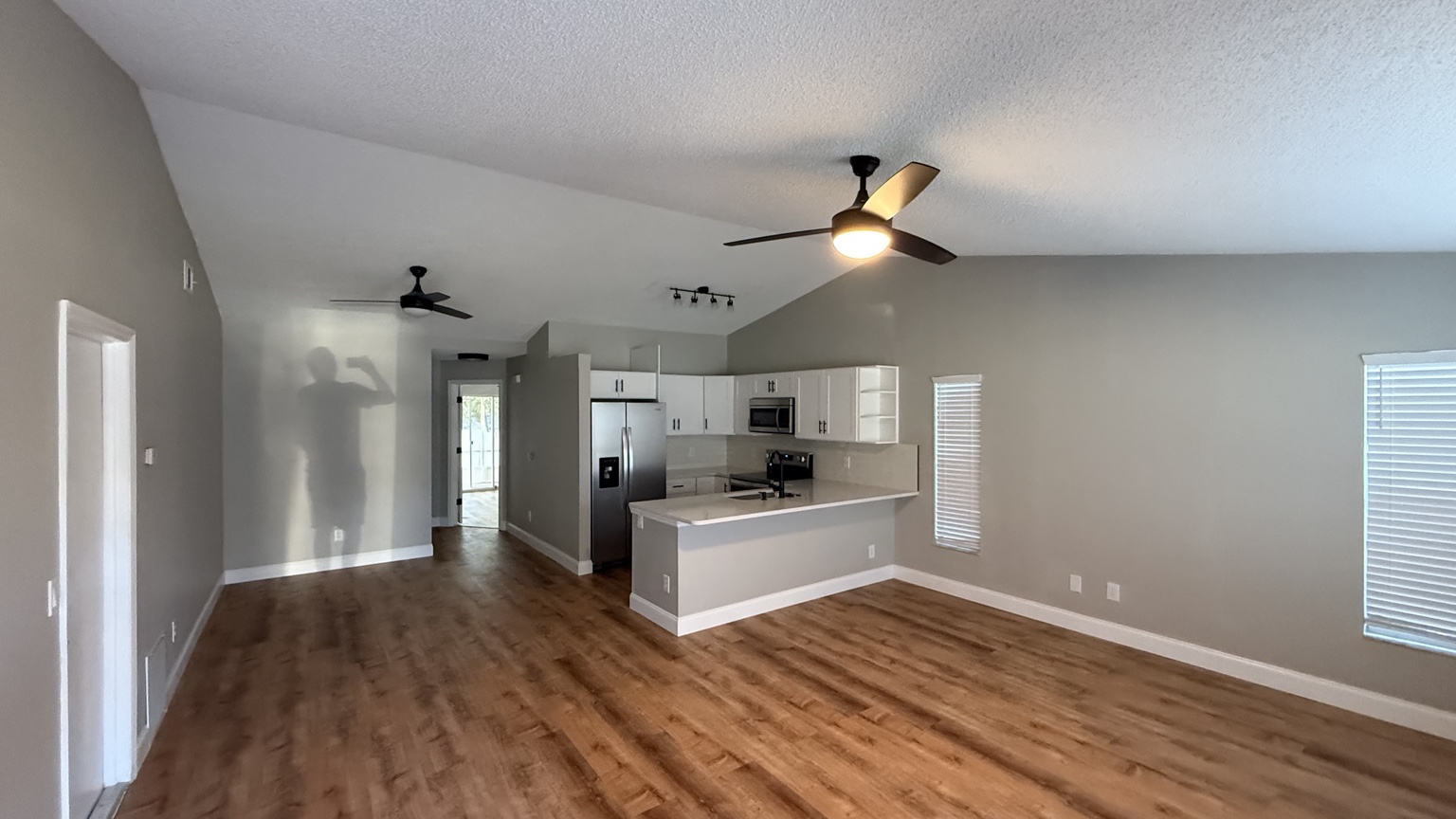 Renovated living room with wood-look flooring and gray walls
